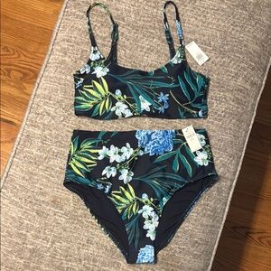 NWT Women’s Old Navy Swimsuit Set Navy Blue Floral Top High Waist Bottom Medium